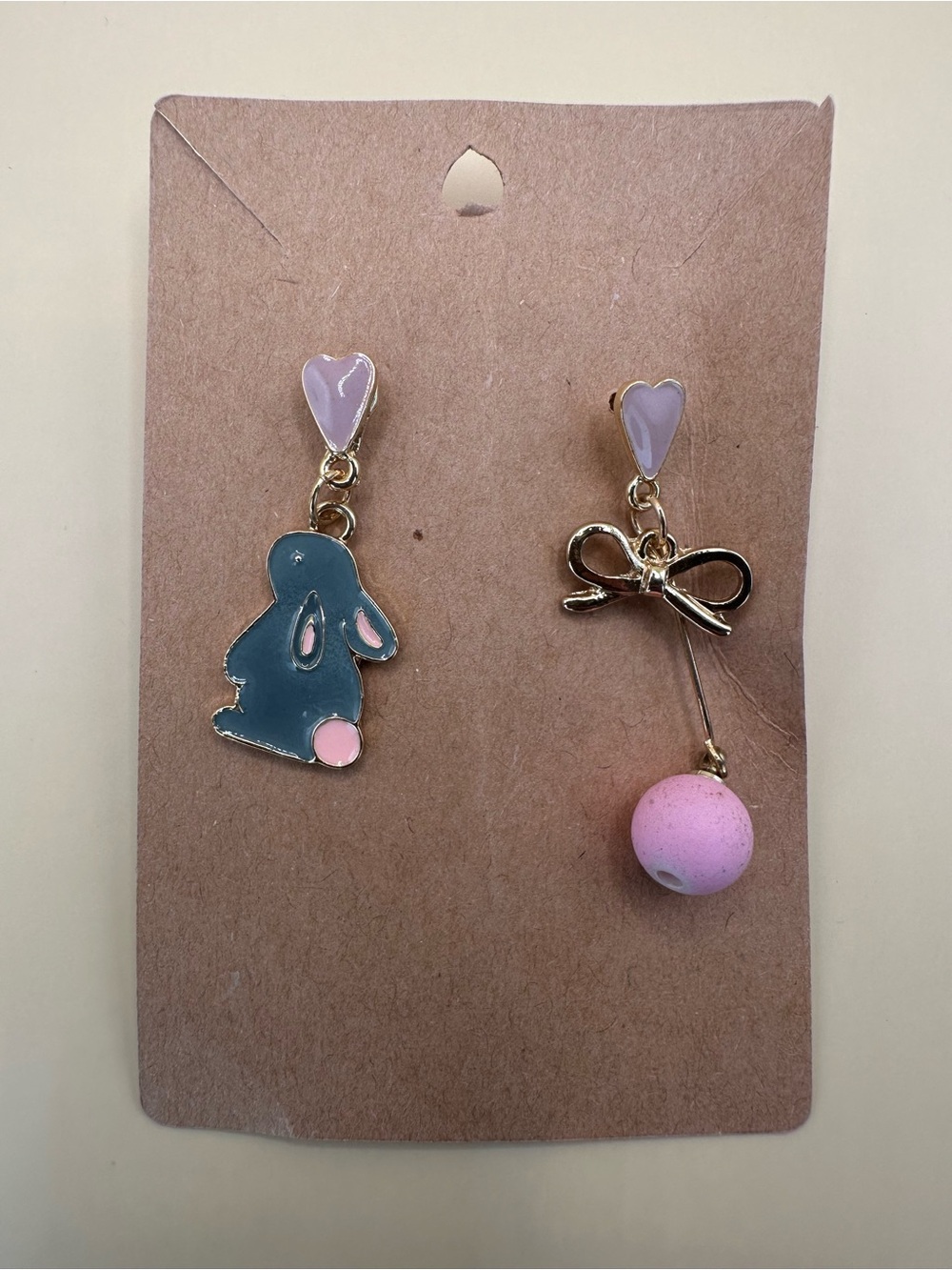 New Kawaii Bunny Hearts & Bow Mismatch Dangle Drop Earrings Harajuku Coquette